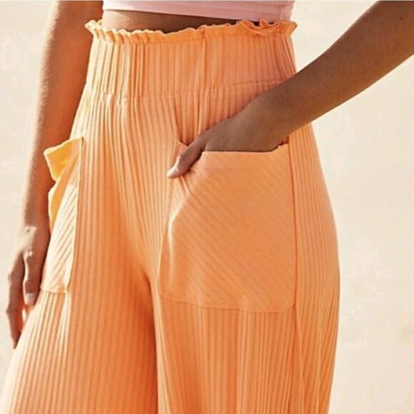 Free People Movememt Orange Ribbed Wide Leg Pants Size Small - Picture 6 of 15
